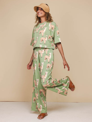 Alpaca Meadow Cropped T-shirt en Wijde broek set Dames