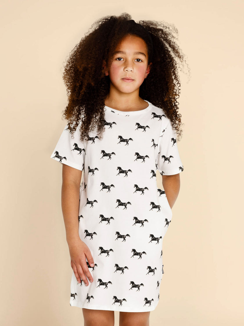 Black Horses White T-shirt Dress Kids