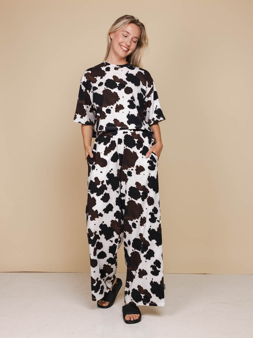 Cow Cropped T-shirt en Wijde broek set Dames