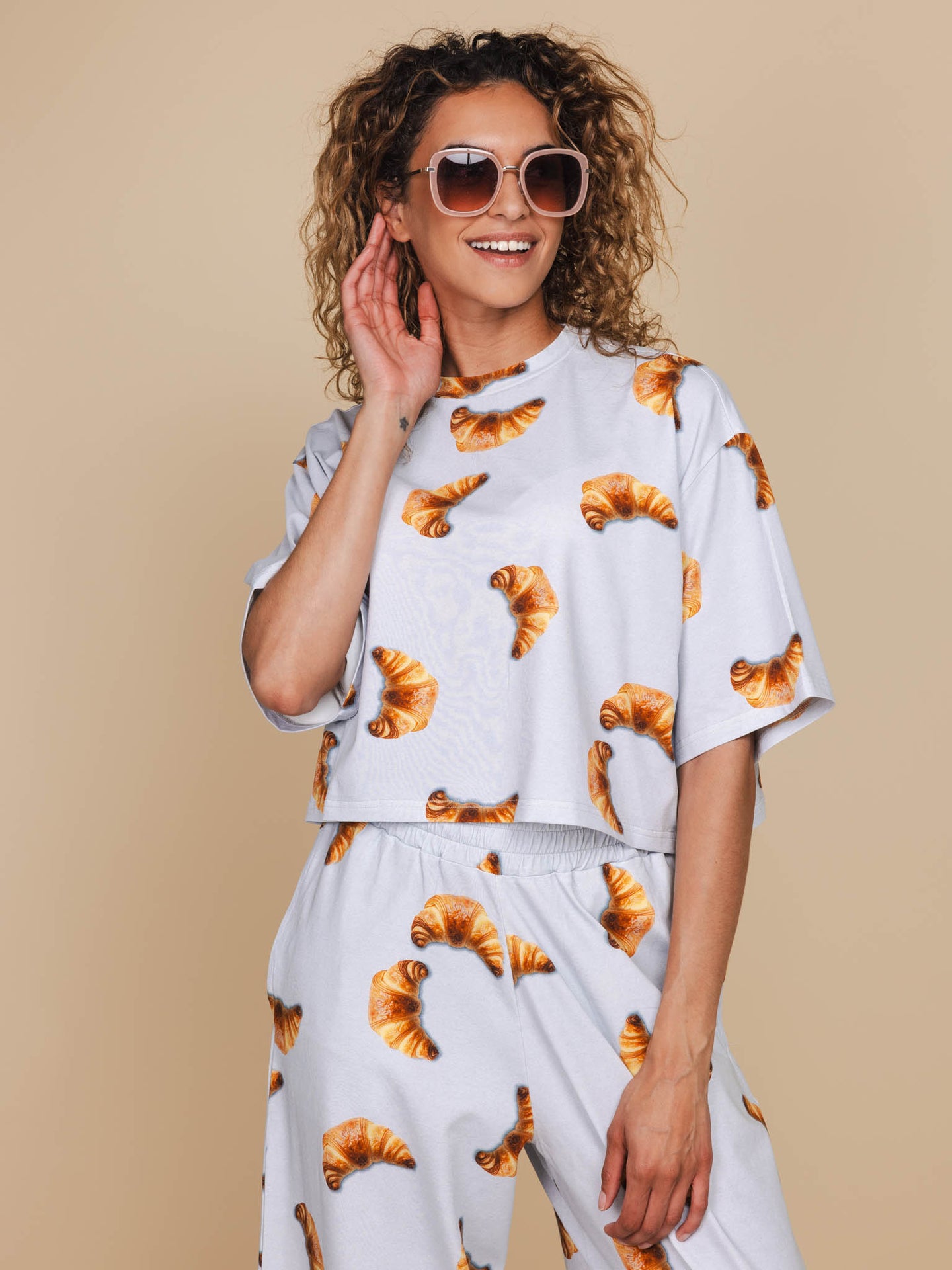 Croissants Cropped T-shirt en Wijde broek set Dames - SNURK