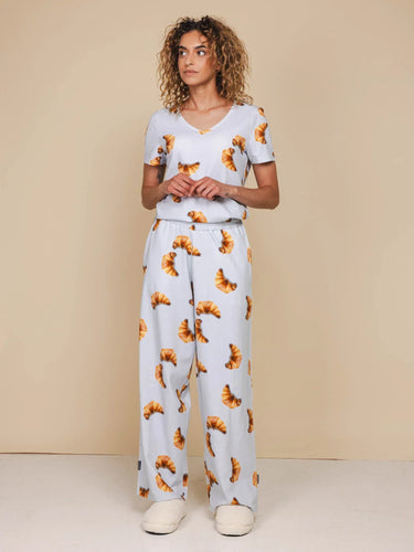Croissants V-neck T-shirt en Wijde broek set Dames