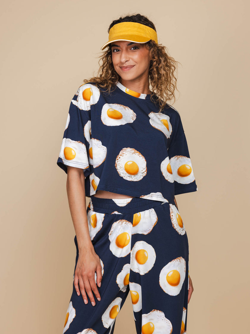 Eggs Navy Cropped T-Shirt Dames
