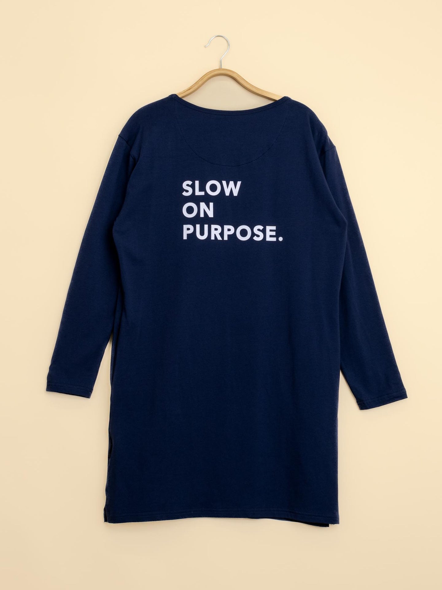 Navy Long Sleeve dress with "Slow on Purpose" text in white on the back - SNURK