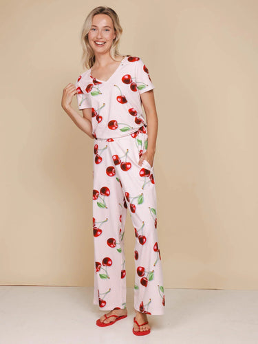 Mon Cherry V-neck T-shirt en Wijde broek set Dames