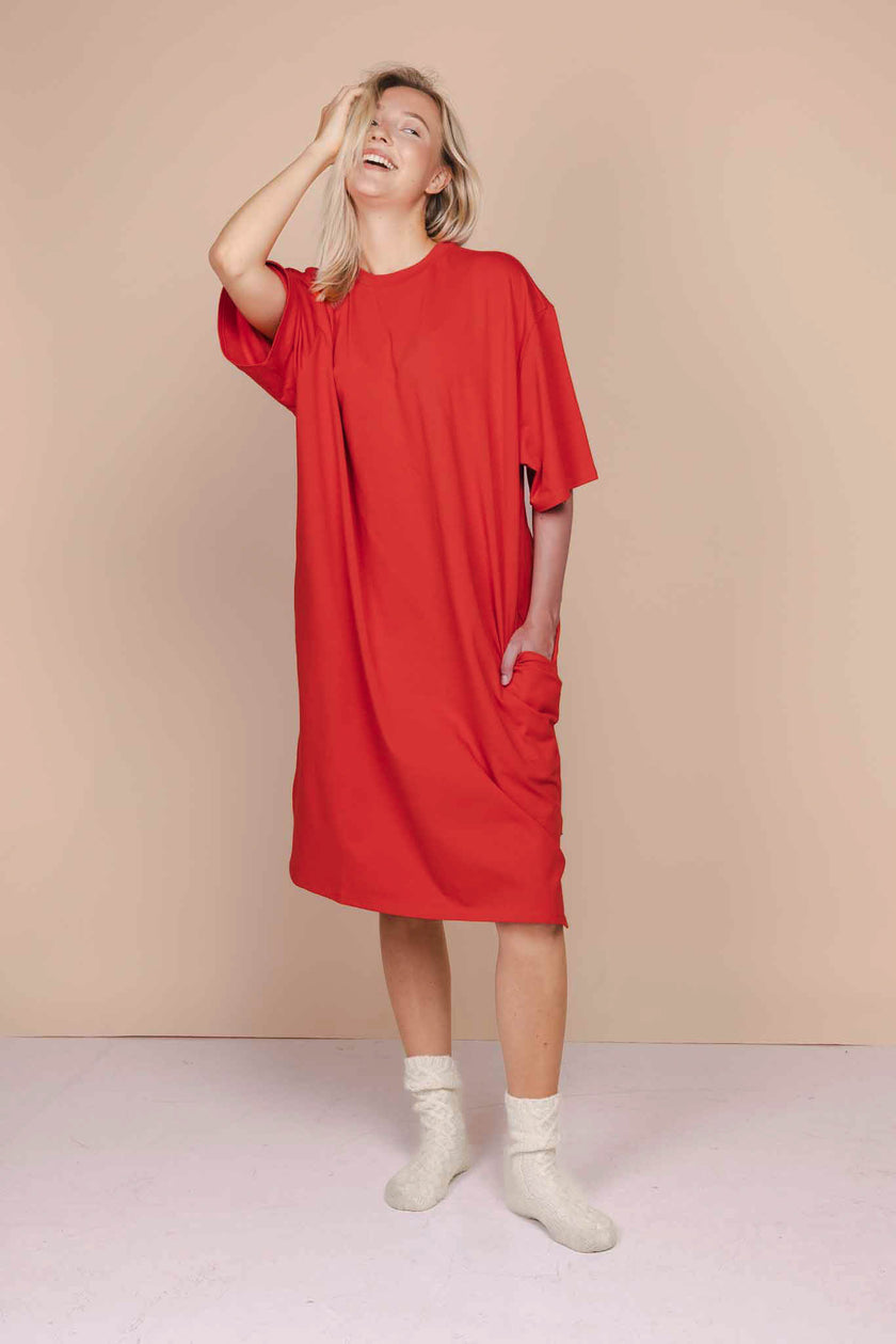 Slow Coral Red Relaxed Tee Dress Damen