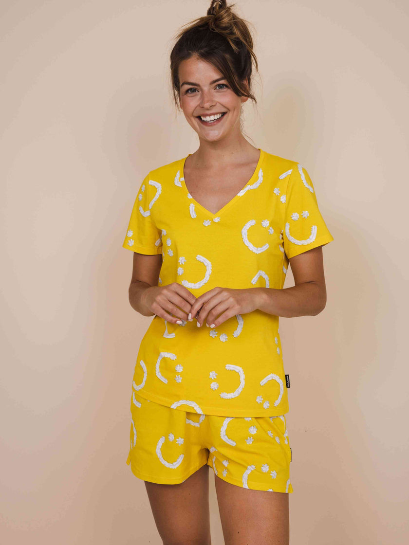 Smiles Yellow V-neck T-shirt Dames