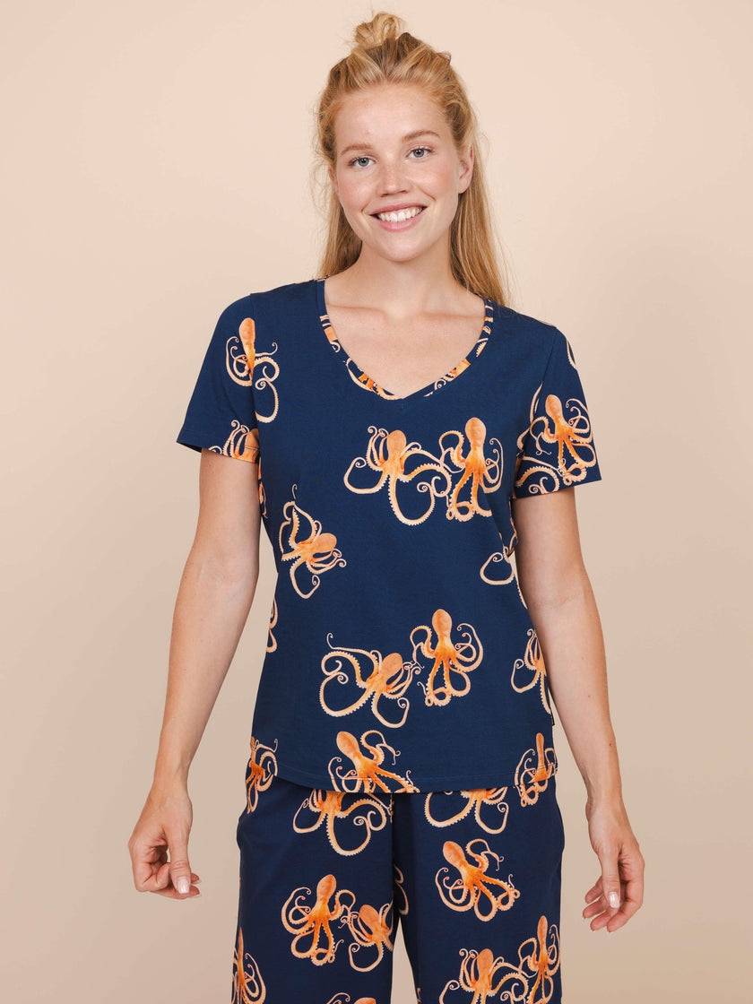 Octopus V-Ausschnitt T-Shirt Damen